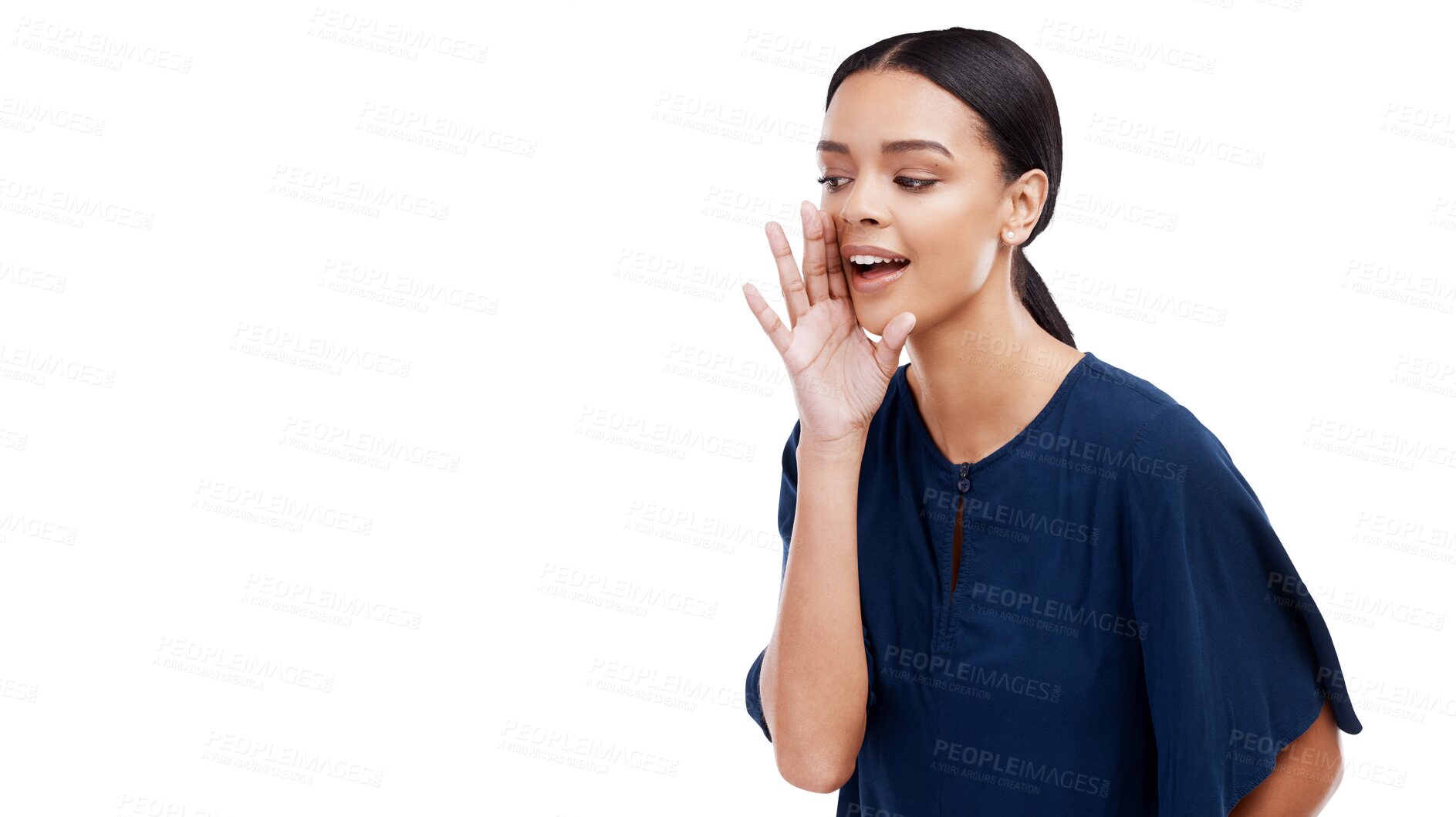 Buy stock photo Gossip, whisper and secret with face of woman on png for announcement, information and deal. News, privacy and voice with person isolated on transparent background for drama, rumor and opinion