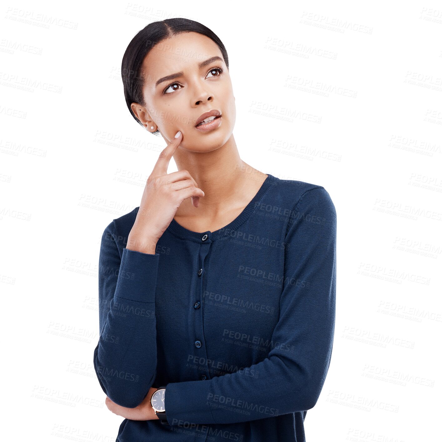 Buy stock photo Woman, thinking with ideas and inspiration, choice and decision isolated on png transparent background. Young, female model and question, thoughts and mindset with brainstorming and future solution