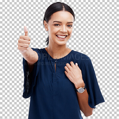 Thumbs up portrait of woman isolated on a white background for success, thank you and professional support. Like, yes and ok hands sign with happy face of business winner or person winning in studio