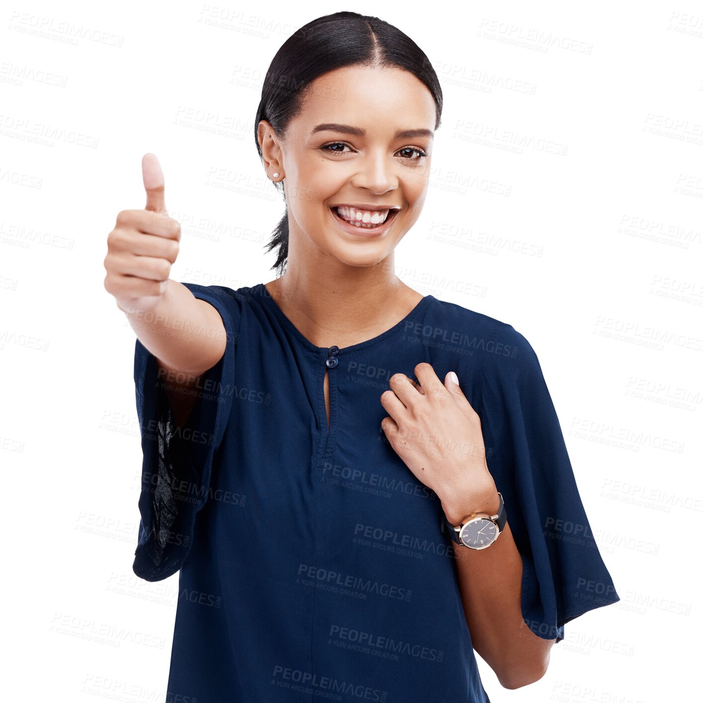 Buy stock photo Happy business woman, portrait and thumbs up for winning isolated on a transparent PNG background. Female person or employee smile with like emoji, yes sign or approval for success, okay or good job