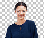 Smile, happy and portrait of woman on a white background for empowerment, confidence and happiness. Fashion, mockup and isolated face of girl with natural makeup, cosmetics and beauty in studio