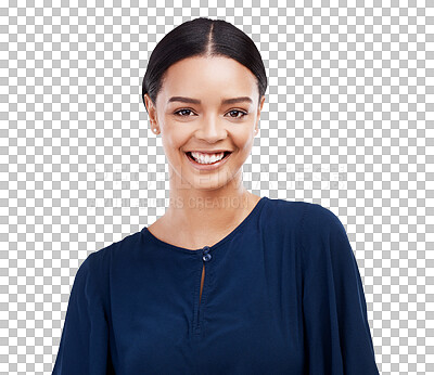 Smile, happy and portrait of woman on a white background for empowerment, confidence and happiness. Fashion, mockup and isolated face of girl with natural makeup, cosmetics and beauty in studio