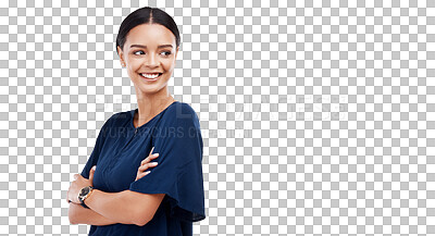 Buy stock photo Business, woman and arms crossed with smile or thinking in png or isolated and transparent background with secretary. Confident, happy and face with professional female with  vision and idea.