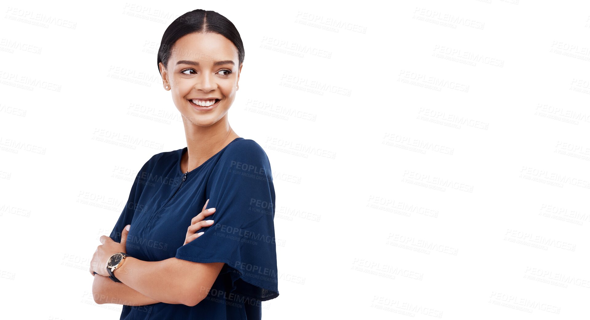 Buy stock photo Business, woman and arms crossed with smile or thinking in png or isolated and transparent background with secretary. Confident, happy and face with professional female with  vision and idea.