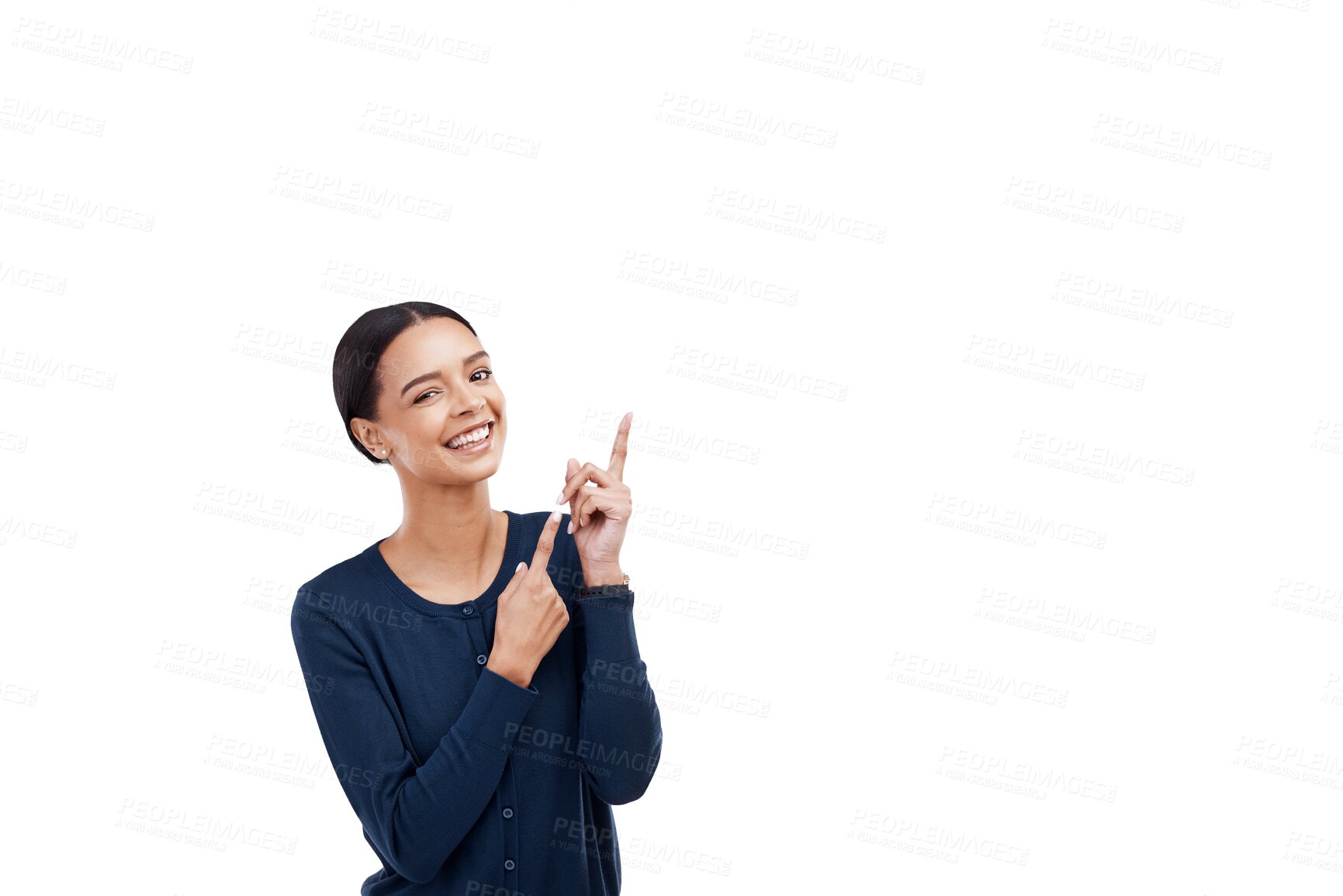 Buy stock photo Pointing, portrait and happy woman with marketing, promotion or advertising sale, discount or deal. Happiness, smile and female person with show finger gesture isolated by transparent png background.