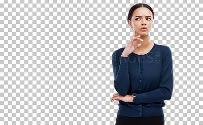Buy stock photo Thinking, ideas and young woman planning a decision, problem solving solution with casual. Pensive, brainstorming and female person with memory face expression isolated by transparent png background.