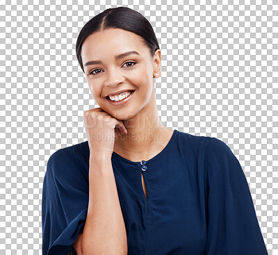 Portrait, thinking and happy with a woman on a white background isolated in studio while looking positive. Idea, smile and an attractive young female standing hand on chin for cheerful contemplation