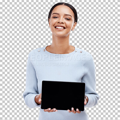 Happy mock up portrait, tablet and woman with sales promotion, advertising copy space or discount deal mockup. Brand commercial, studio or product placement female isolated on white background