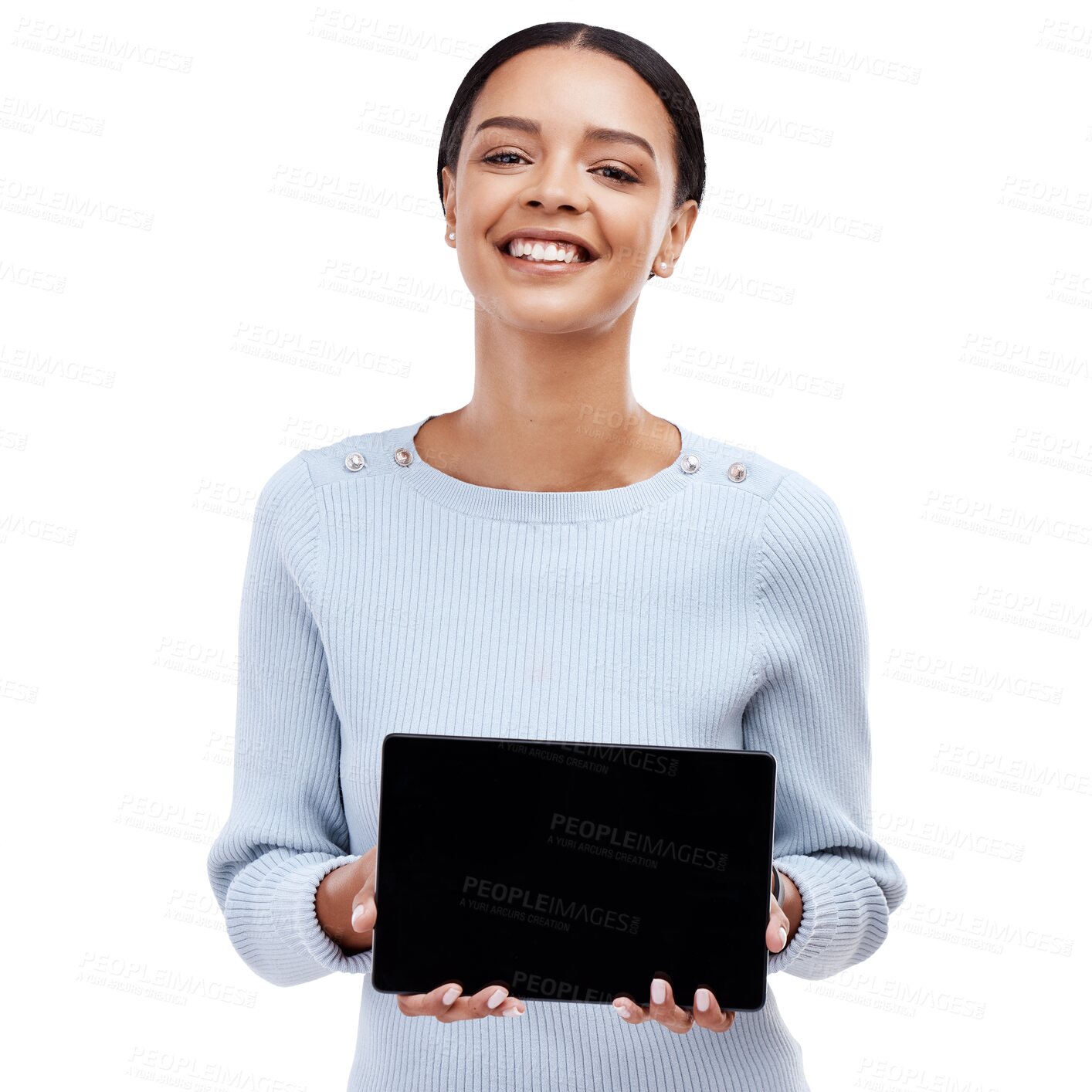 Buy stock photo Happy woman, portrait and tablet mockup for advertising, sales or promo isolated on a transparent PNG background. Female person smile with technology display, app or screen for marketing presentation