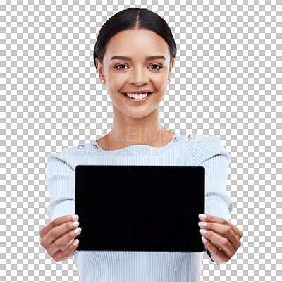 Mockup portrait, studio tablet and happy woman with sales promotion, advertising copy space or discount deal mock up. Brand commercial, logo or product placement female isolated on white background