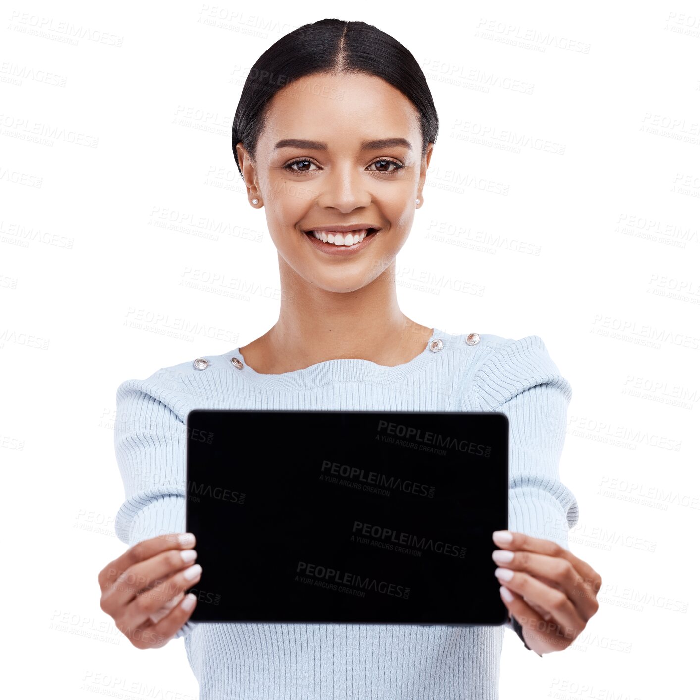 Buy stock photo Happy woman, portrait and tablet mockup for presentation, sales or promo isolated on a transparent PNG background. Female person smile with technology display, app or screen for advertising discount