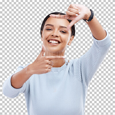 Frame, hands and portrait of woman on a white background for beauty, cosmetics and natural makeup. Fashion, focus mockup and face of girl isolated with happiness, smile and creative emoji in studio