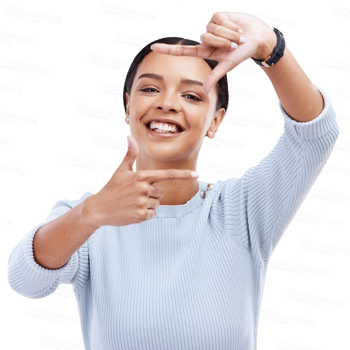 Buy stock photo Frame, hands and portrait of happy woman for photography or picture isolated on a transparent PNG background. Face of female person framing smile in focus for photograph emoji or capture in happiness