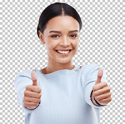 Woman, thumbs up and happy in studio portrait with happiness, confidence or success by white background. Girl, model and student with smile, hand gesture or agreement for winning, goal or achievement