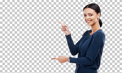 Buy stock photo Pointing, portrait or happy woman with sale checklist, retail offer or discount deal isolated on png. Transparent background, smile or girl showing steps guide, bullet point info or menu choice promo