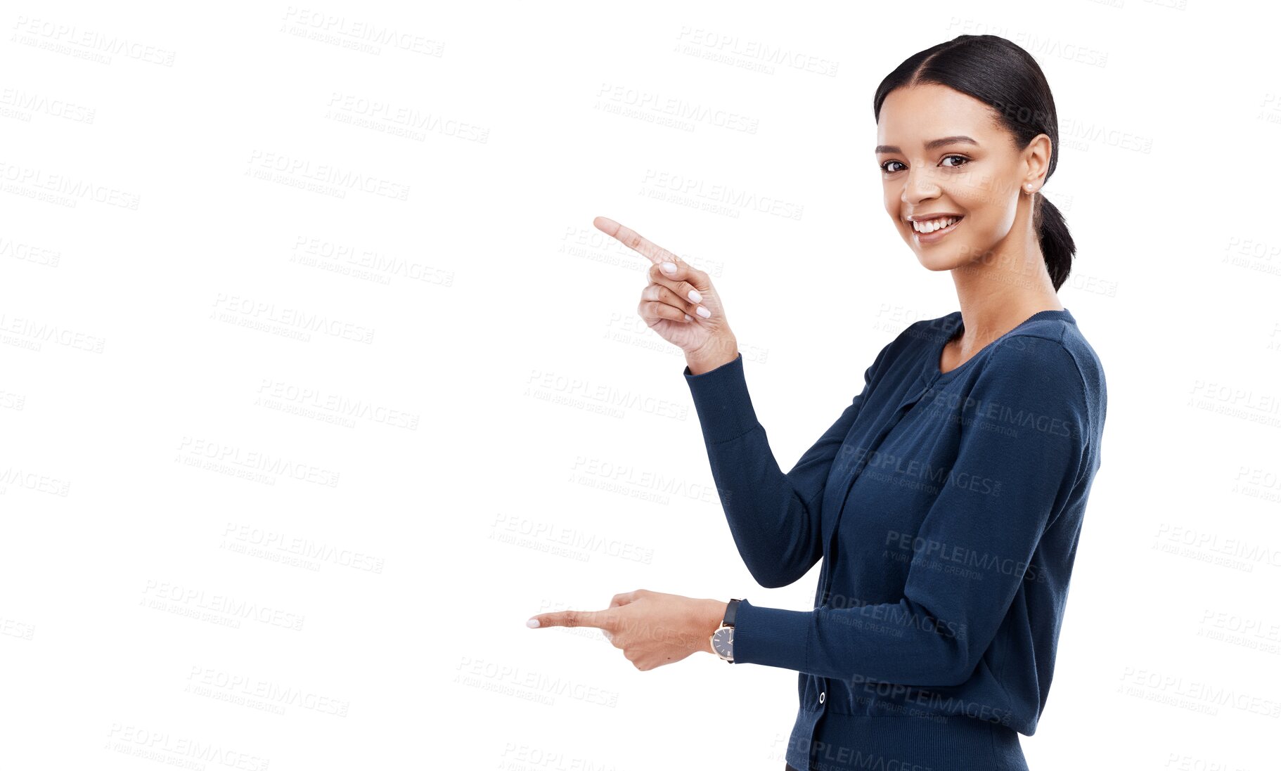 Buy stock photo Pointing, portrait or happy woman with sale checklist, retail offer or discount deal isolated on png. Transparent background, smile or girl showing steps guide, bullet point info or menu choice promo