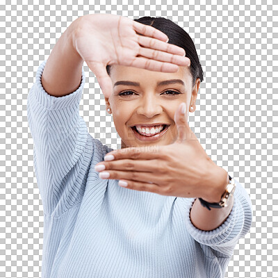 Frame face, hands and portrait of woman on white background for beauty, cosmetics and natural makeup. Fashion, focus mockup and happy girl isolated with confidence, smile and creative emoji in studio