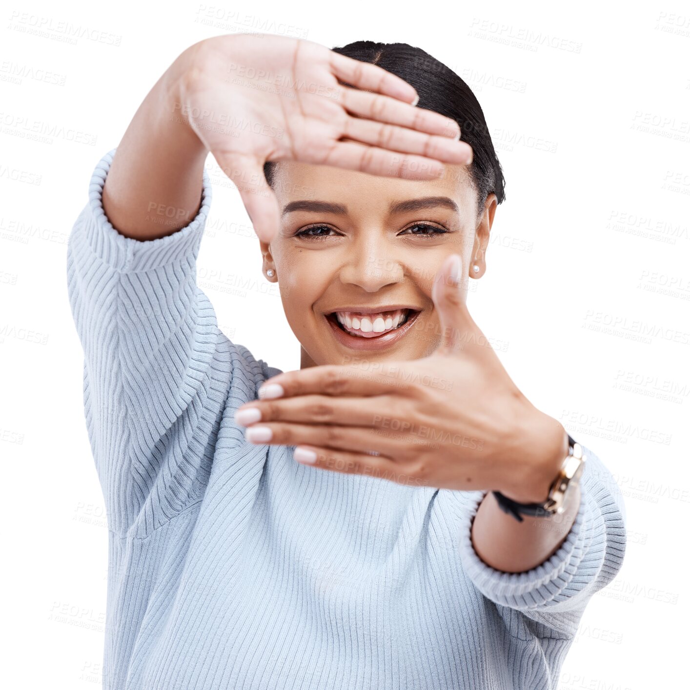 Buy stock photo Happy woman, portrait and face with frame hands for photography or picture isolated on a transparent PNG background. Female person framing smile in focus for photograph, emoji or capture in happiness
