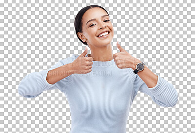 Buy stock photo Happy woman, portrait and thumbs up for success, OK or thank you isolated on a transparent PNG background. Female person smile with like emoji, yes sign or approval for winning, okay or good job