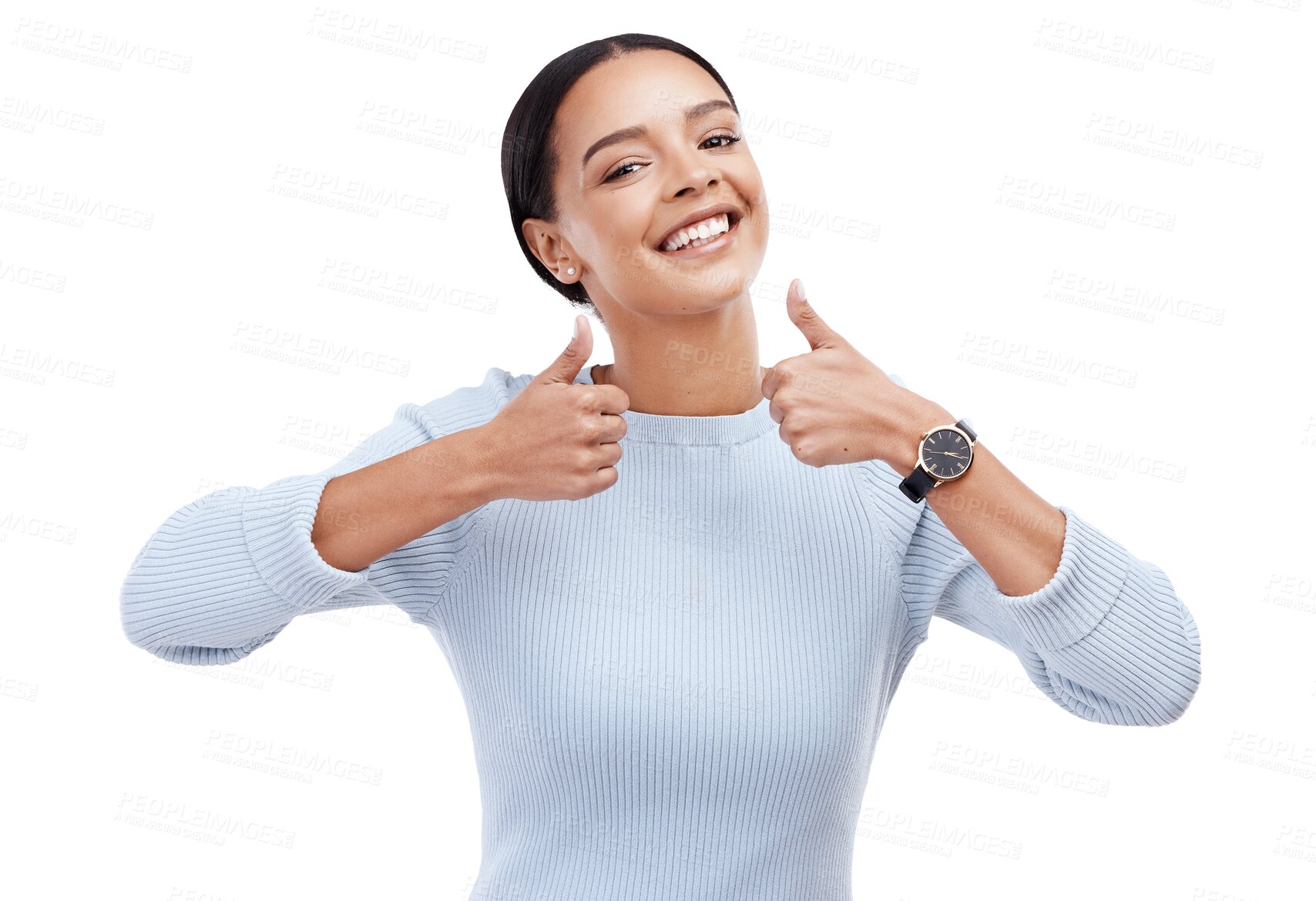 Buy stock photo Happy woman, portrait and thumbs up for success, OK or thank you isolated on a transparent PNG background. Female person smile with like emoji, yes sign or approval for winning, okay or good job