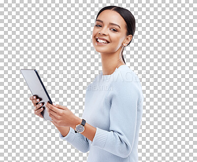 Woman, tablet and studio portrait by white background for planning, schedule and smile for website. Girl, student and excited on mobile touchscreen app for research, calendar or social network chat