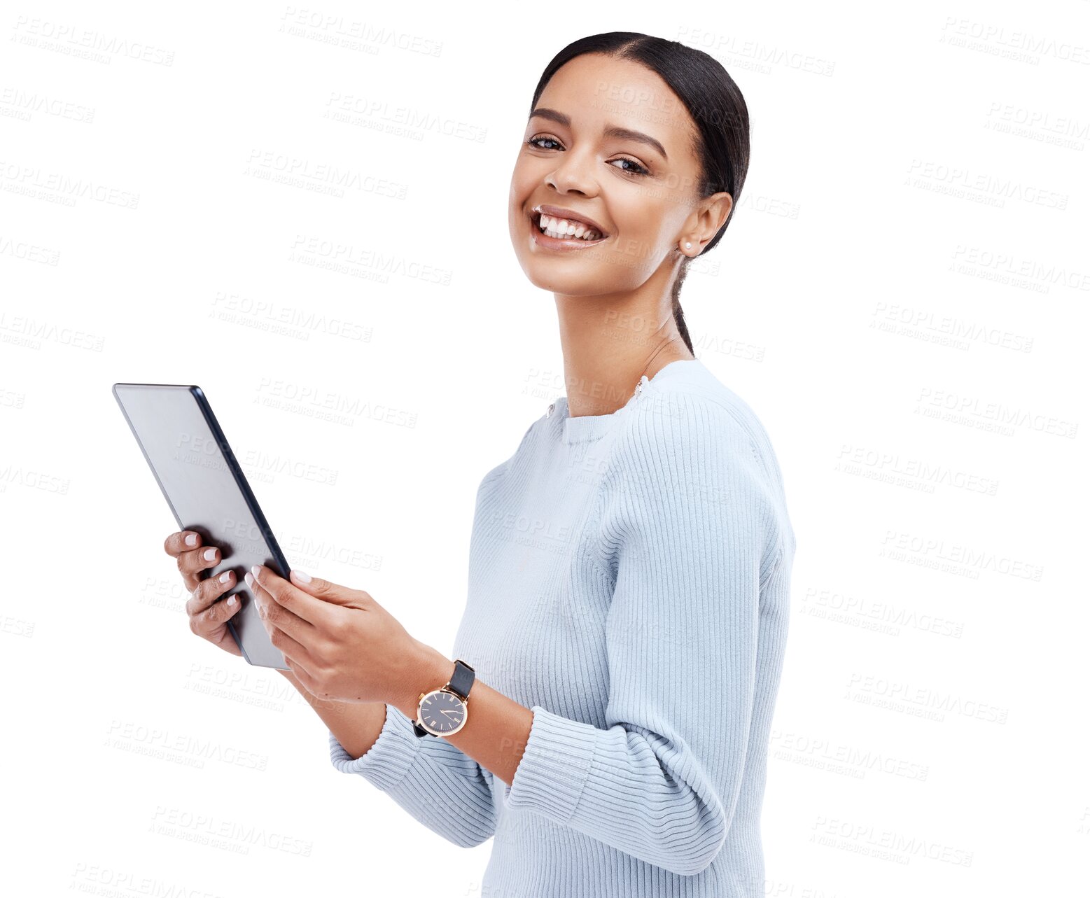 Buy stock photo Digital tablet, happy and portrait of a woman networking on social media, mobile app or the internet. Smile, happiness and young female model with technology isolated by a transparent png background.