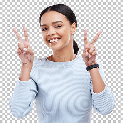 Peace sign, woman and v hands with emoji gesture in a studio with happiness and excited. Female, isolated, and white background of a gen z and young model with a happy smile with silly comedy