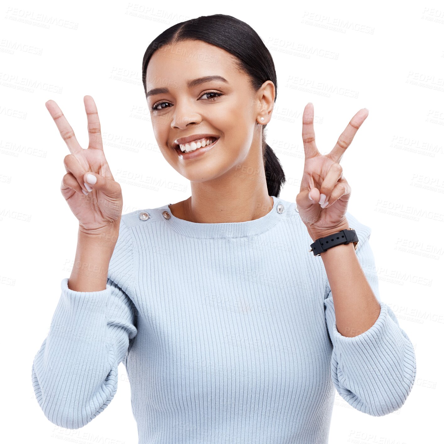 Buy stock photo Portrait, girl and excited with peace sign with smile in png or isolated and transparent background. Happy, face and woman with emoji gesture with freedom or good vibes for motivation or to relax.
