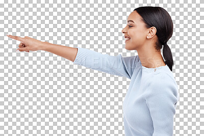 Mock up, studio profile and happy woman point at sales promotion, advertising copy space or discount deal mockup. Brand commercial, marketing gesture or product placement female on white background