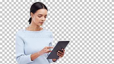Woman, tablet and reading in studio by white background for planning, schedule and search on web app. Girl, student and typing on mobile touchscreen for research, calendar or studying by mockup space