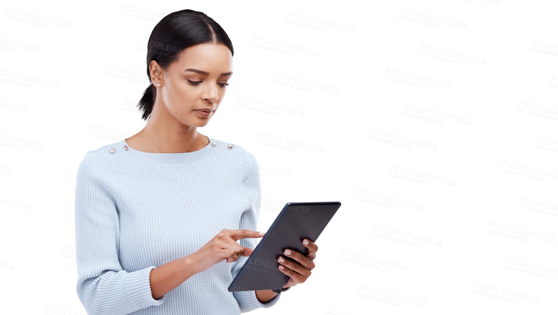 Buy stock photo Digital tablet, networking and woman browsing on social media, mobile app or the internet. Research, communication and young female model with technology isolated by a transparent png background.