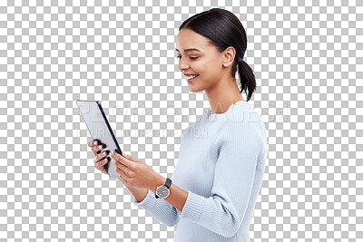 Woman, tablet and reading in studio by white background for planning, schedule and smile for website. Girl, student and excited on mobile touchscreen app for research, calendar or social network chat