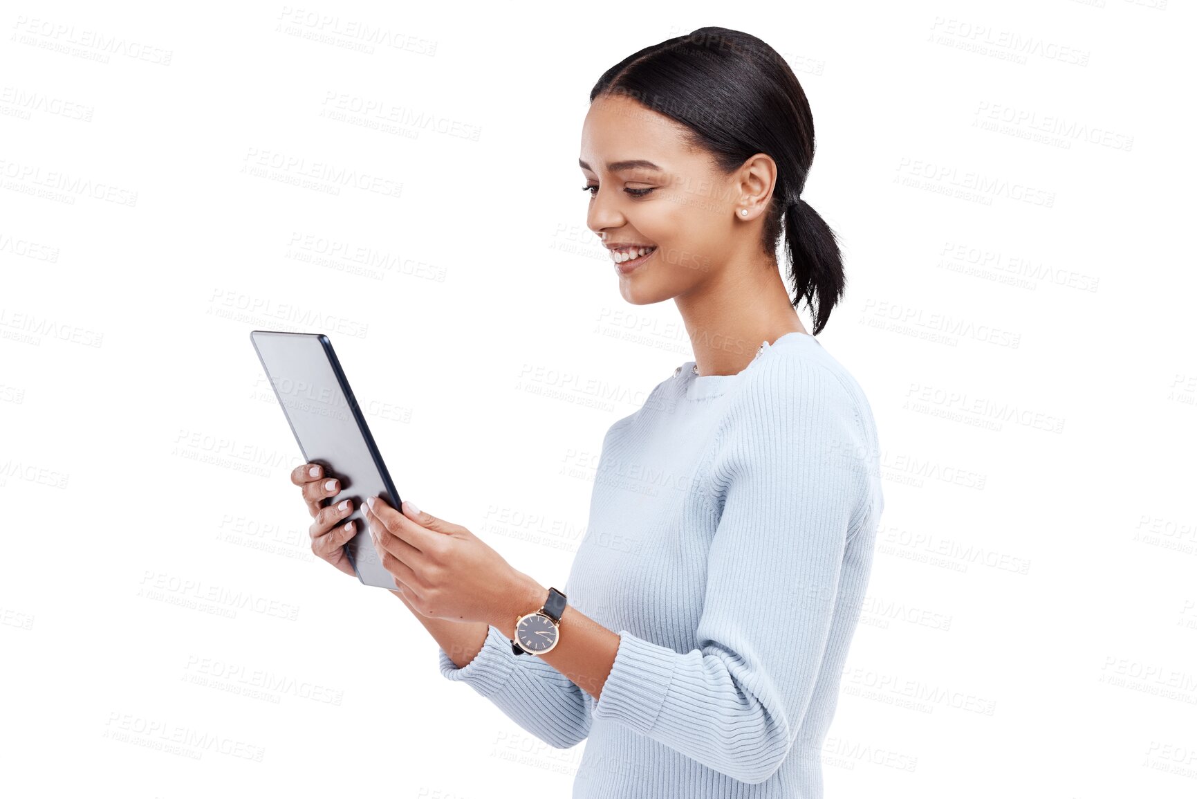 Buy stock photo Digital tablet, smile and profile of woman networking on social media, mobile app or the internet. Happy, reading and young female model with technology isolated by a transparent png background.