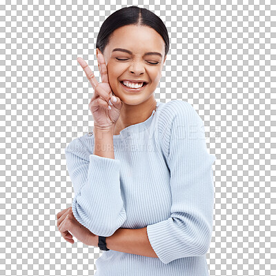 Peace sign ,woman and female hand with emoji gesture in a studio with happiness and excited. V hands, isolated, and white background of a gen z and young model with a happy smile with silly comedy