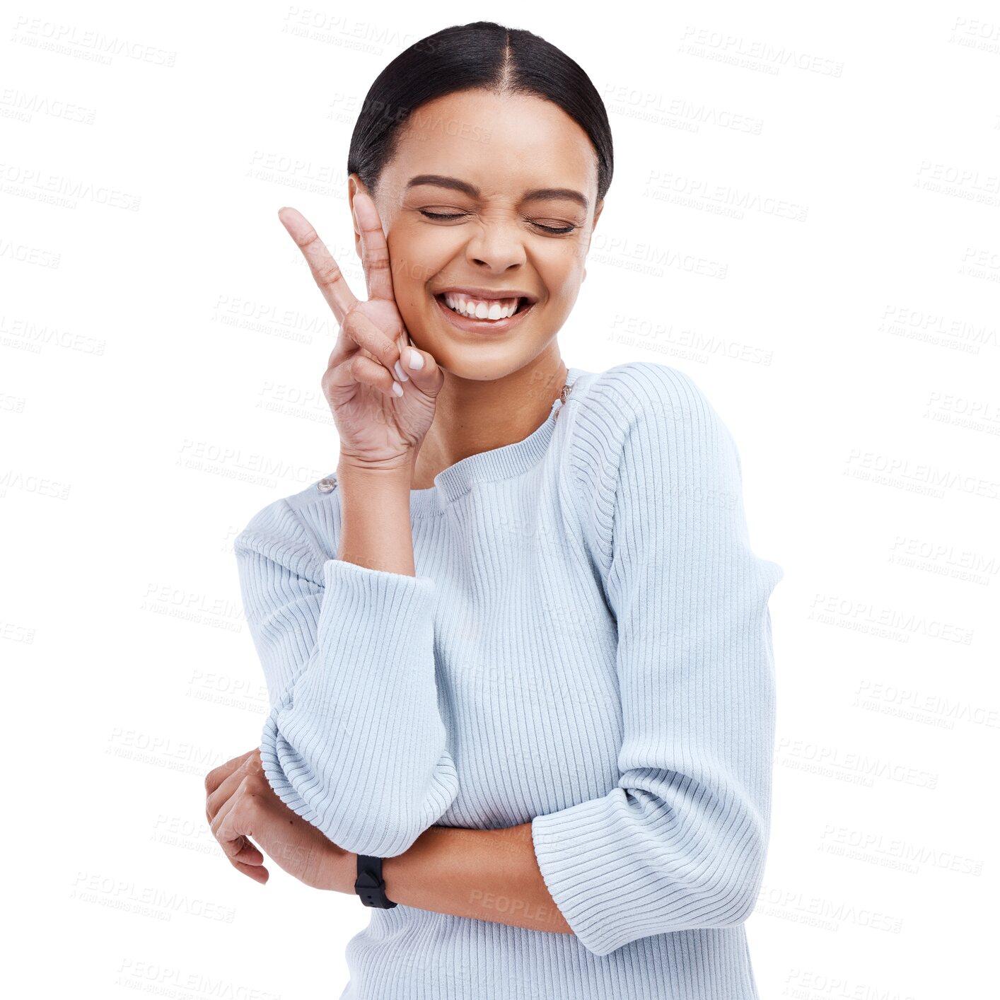 Buy stock photo Peace sign, smile and young woman with a emoji gesture with happiness, positive and excited mindset. Happy, gen z and female model with a hipster hand signal isolated by transparent png background.