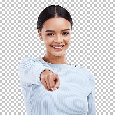 Portrait, smile and woman pointing to you, motivation and decision against white studio background. Face, female and person with gesture, choice and promotion with happiness, opportunity or selection