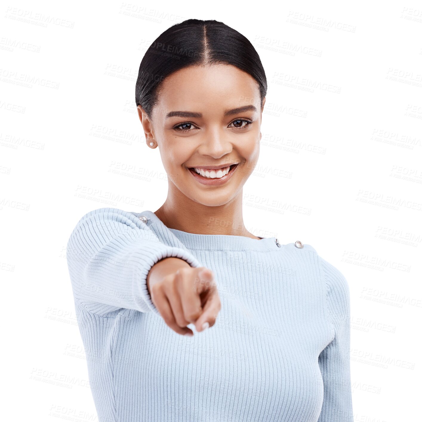 Buy stock photo Portrait, smile or happy woman pointing to you for motivation isolated on transparent png background. Face, winner or girl with gesture, choice or promotion showing an opportunity, vote or selection 