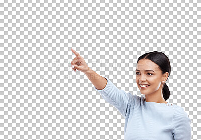 Buy stock photo Pointing, presentation or happy girl with sale offer, retail promotion or discount deal isolated on png. Transparent background, smile or woman showing information, choice or advertising announcement