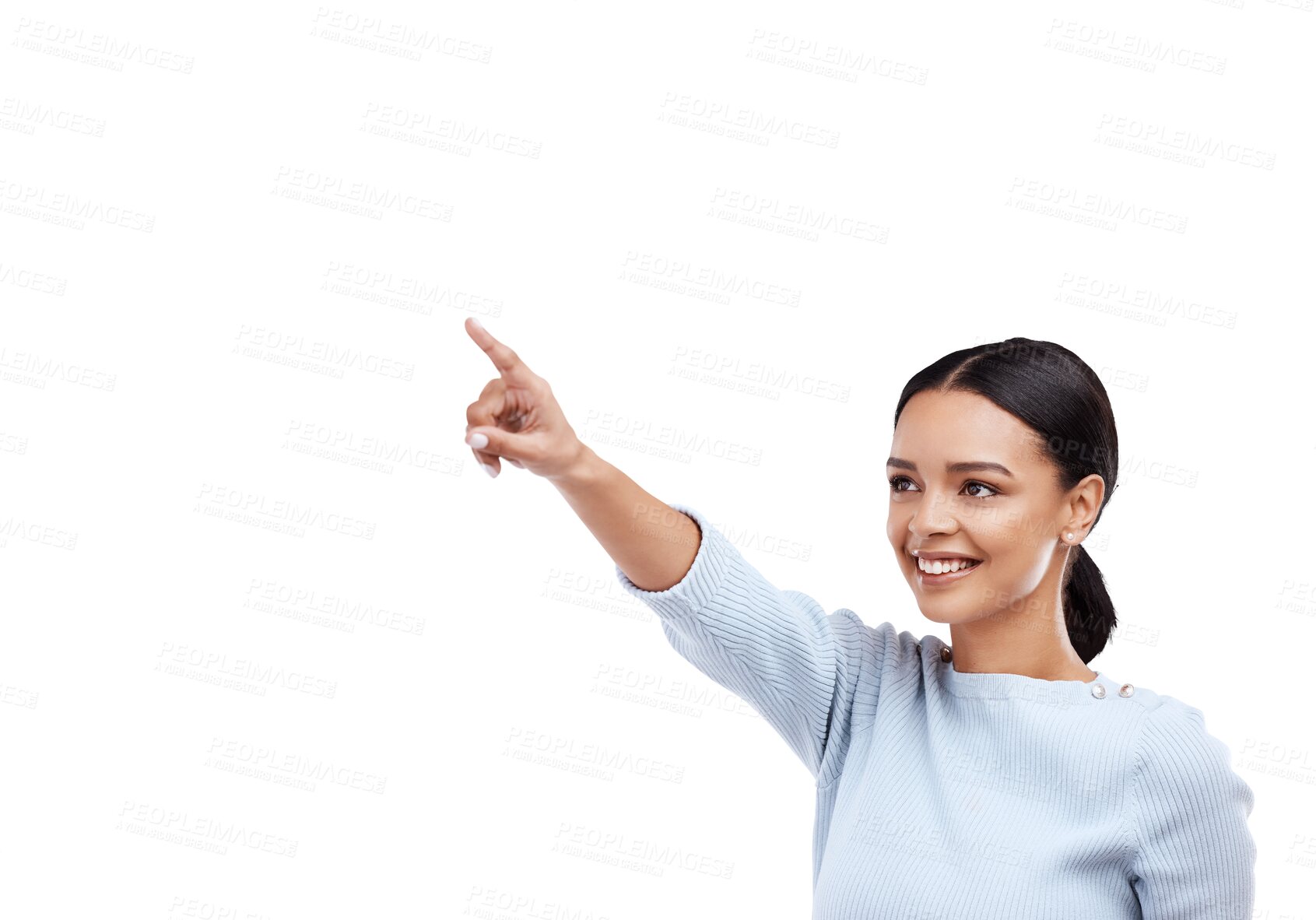 Buy stock photo Pointing, presentation or happy girl with sale offer, retail promotion or discount deal isolated on png. Transparent background, smile or woman showing information, choice or advertising announcement