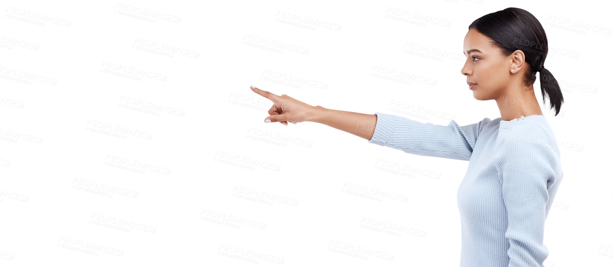 Buy stock photo Pointing, profile or woman with sale presentation, retail promotion or discount deal isolated on png background. Transparent, menu or girl showing information, choice or advertising announcement 