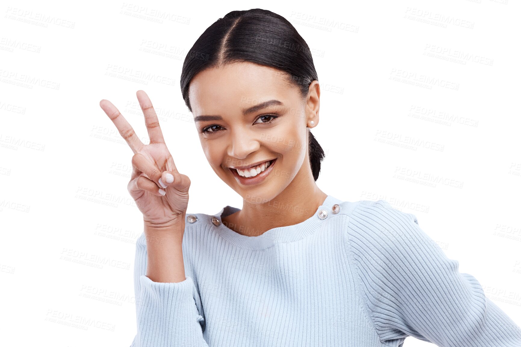 Buy stock photo Face portrait, happy and woman with peace sign, emoji icon or v hands for fun, happiness and posing. Gen z smile, gesture and relax person with greeting symbol isolated on transparent, png background
