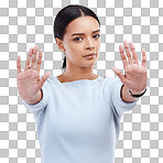 Portrait, stop and woman with hands, warning and human rights isolated on a white studio background. Face, female activist and person with gesture for protest, protection and rejection with awareness