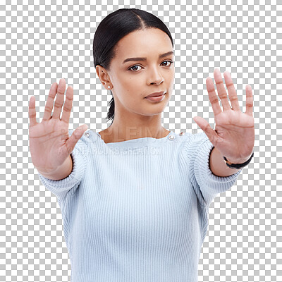 Portrait, stop and woman with hands, warning and human rights isolated on a white studio background. Face, female activist and person with gesture for protest, protection and rejection with awareness