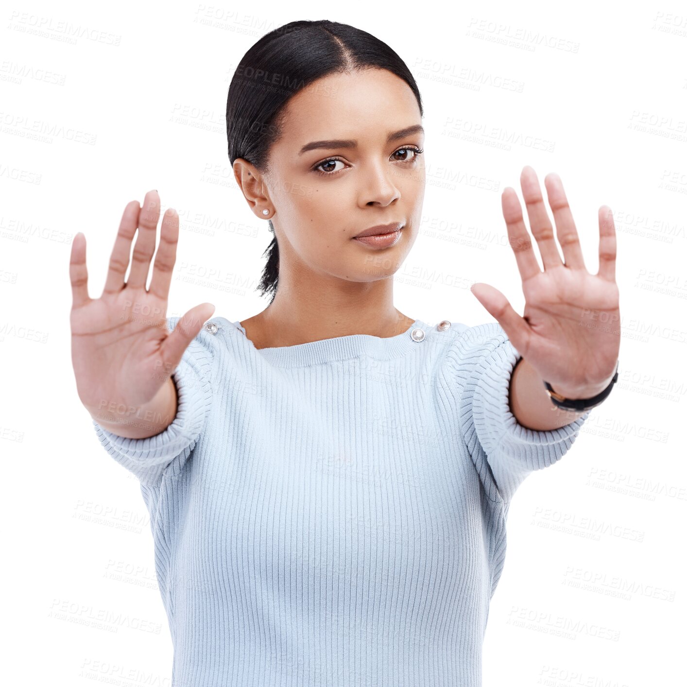 Buy stock photo Hands, stop and portrait, woman and caution with warning and danger isolated on png transparent background. Palm, gesture and female person, censored and no sign with protest, block and rejection