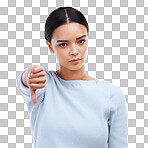 Thumbs down, woman and portrait with problem and no opinion and choice in studio. Isolated, white background and bad review of young female feeling disappointed from vote and emoji of fail hand sign 