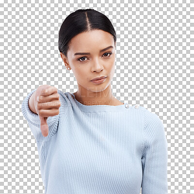 Thumbs down, woman and portrait with problem and no opinion and choice in studio. Isolated, white background and bad review of young female feeling disappointed from vote and emoji of fail hand sign