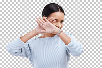 Buy stock photo Face, cover and woman hiding, shy and show stop gesture, symbol or emoji icon for confidential, embarrassed or playful. Portrait, palm hands and female person isolated on transparent, png background