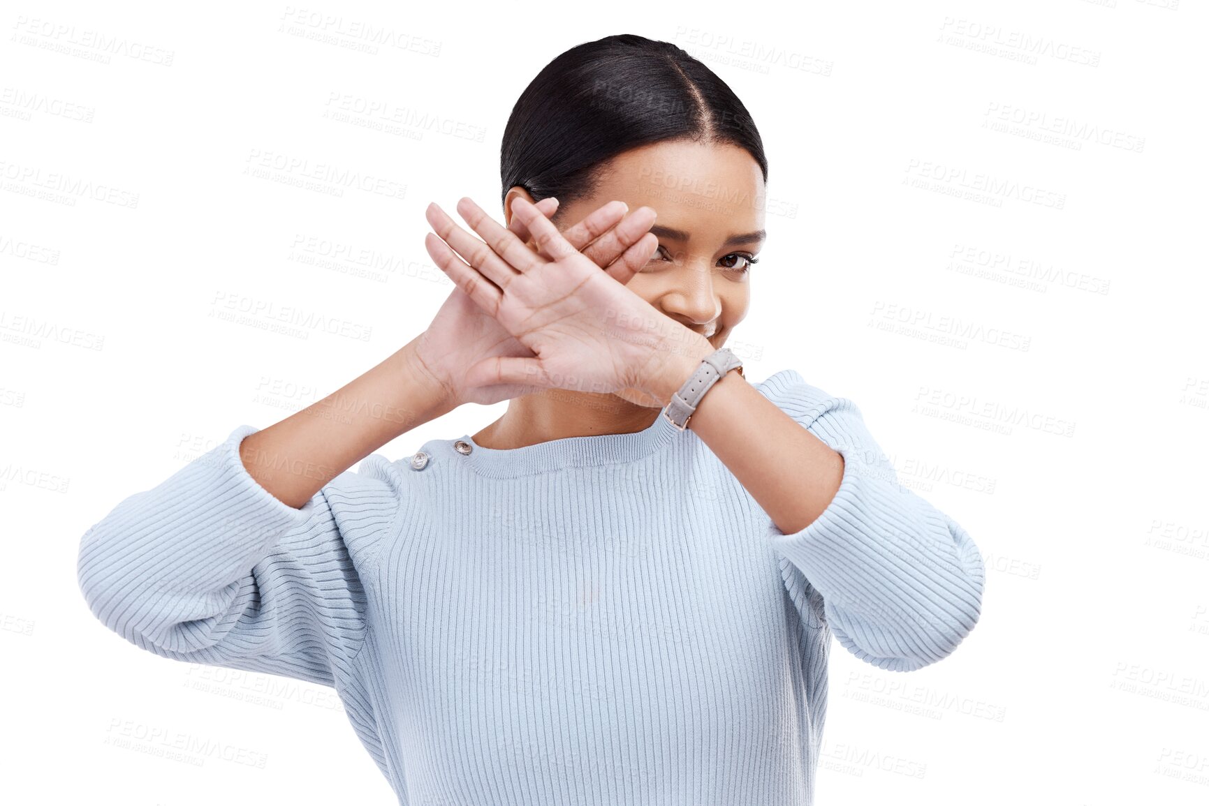 Buy stock photo Face, cover and woman hiding, shy and show stop gesture, symbol or emoji icon for confidential, embarrassed or playful. Portrait, palm hands and female person isolated on transparent, png background