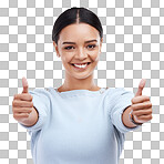 Woman, thumbs up and portrait isolated on a white background success, thank you and support, like or vote. Winner business person with yes, ok and agreement hands sign or emoji for winning in studio