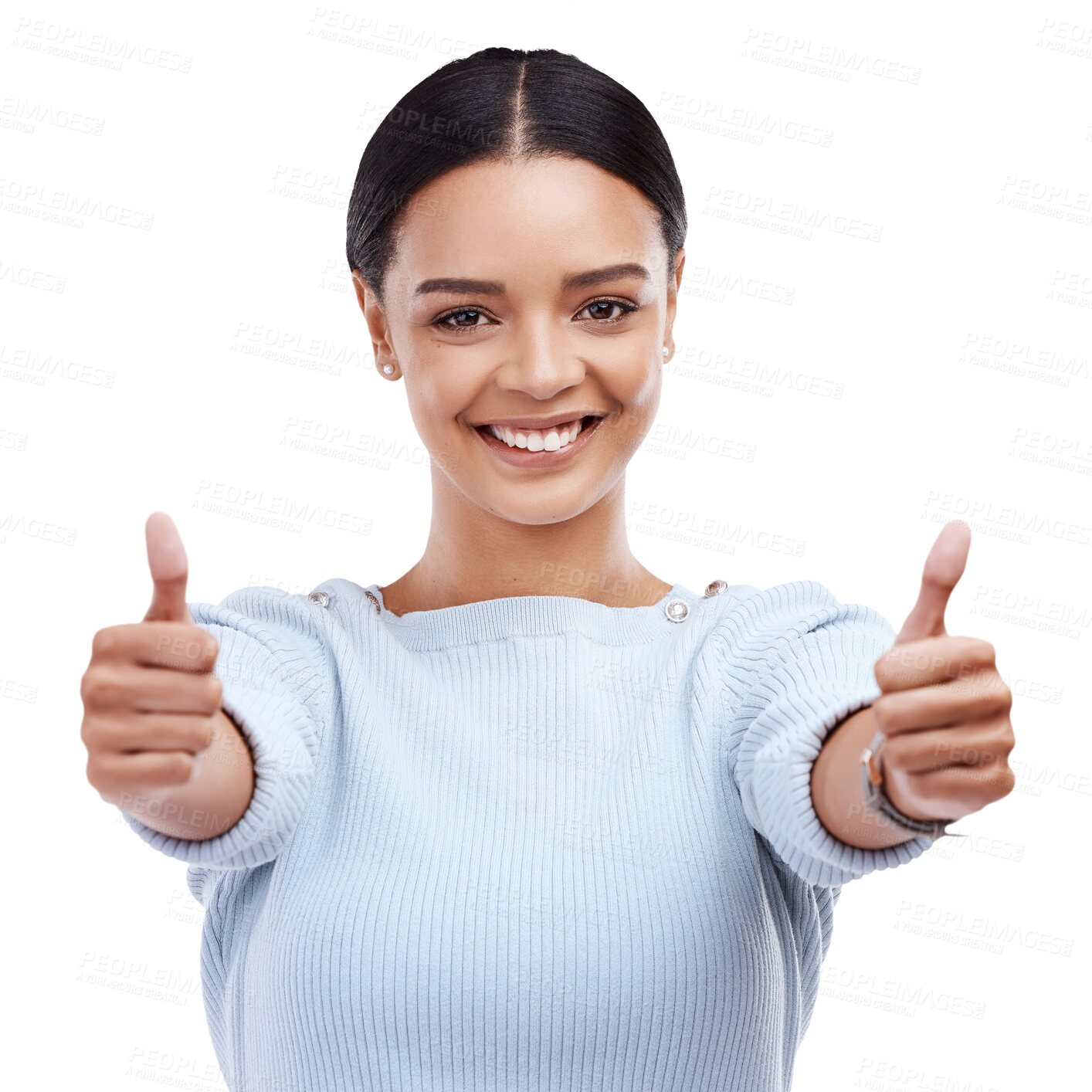 Buy stock photo Happy woman, portrait and thumbs up for winning, success or OK isolated on a transparent PNG background. Female person smile with like emoji, yes sign or approval for thank you, okay or good job